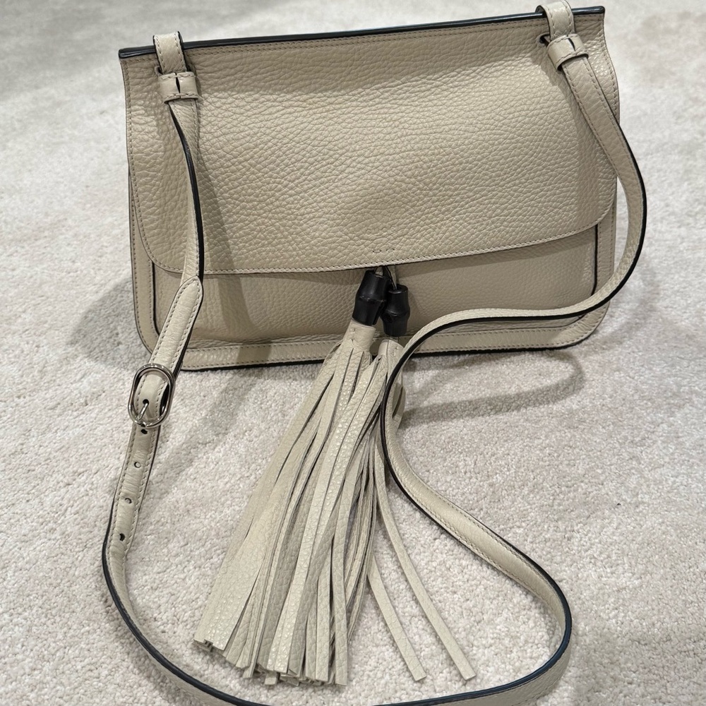 Gucci Cellarius Calfskin Medium Bamboo Daily Flap Shoulder Bag off white cream